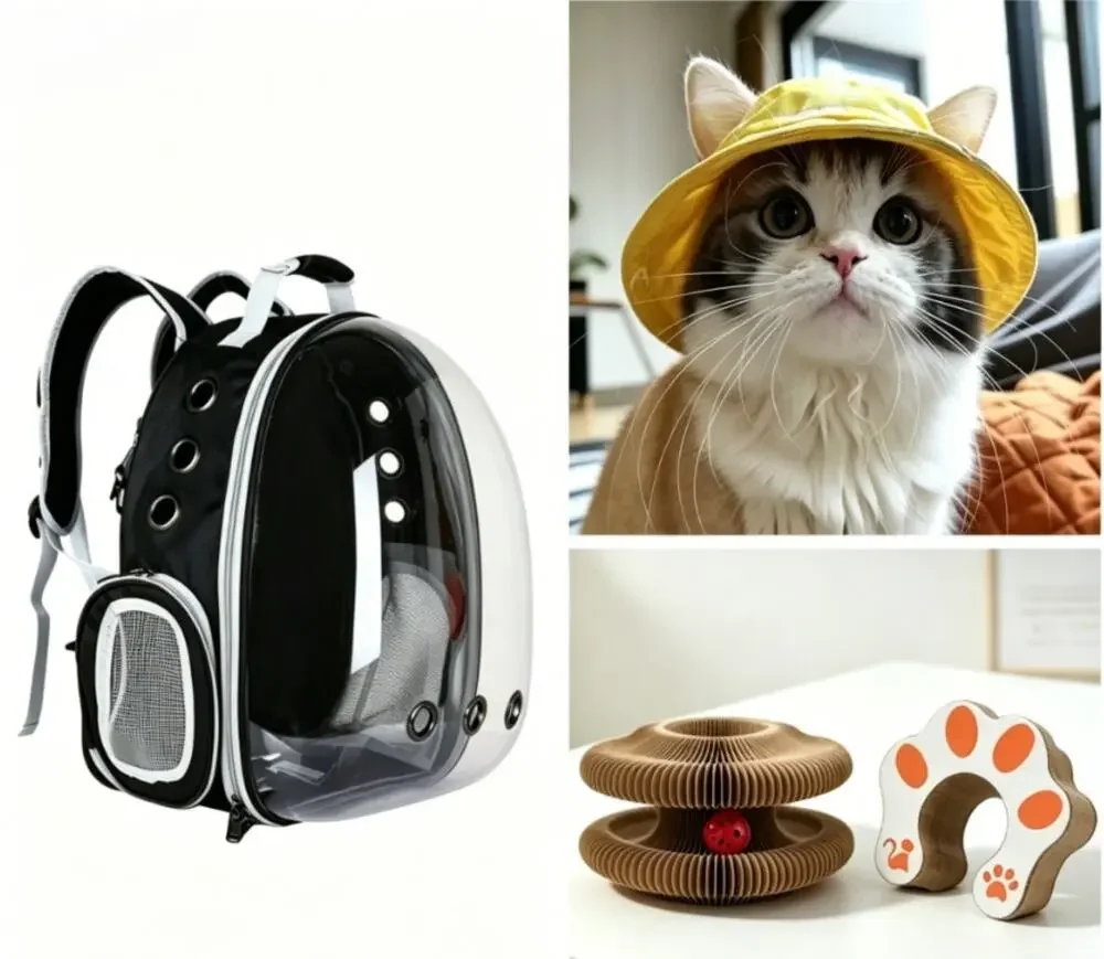 3-in-1 Kitten Kit: Space Capsule Backpack, Pet Hat & Accordion Scratcher